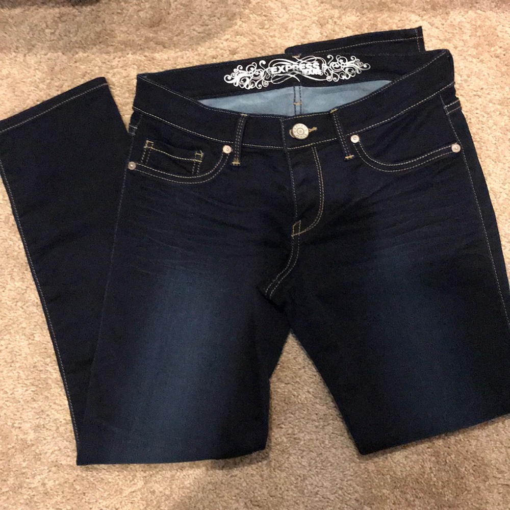 Express dark wash skinny jeans.